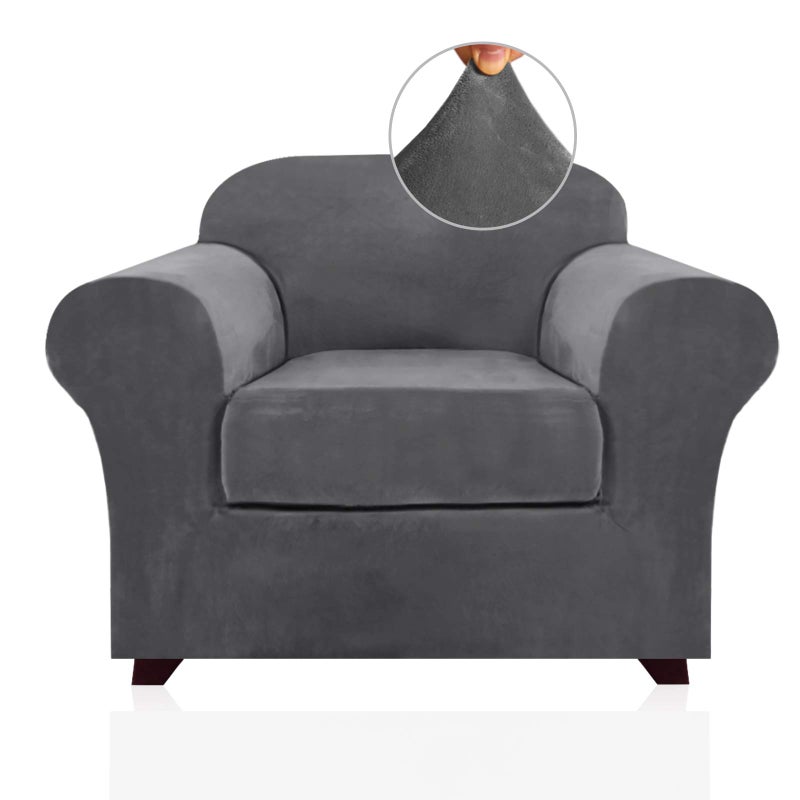 PrinceDeco Velvet Plush Couch Cover Stretch 2 Piece Chair Cover Chair Slipcover Washable Furniture Protector Couch Soft with Elastic Bottom Armchair Cover Width Up to 49 Inch(Small, Grey) - Image 1